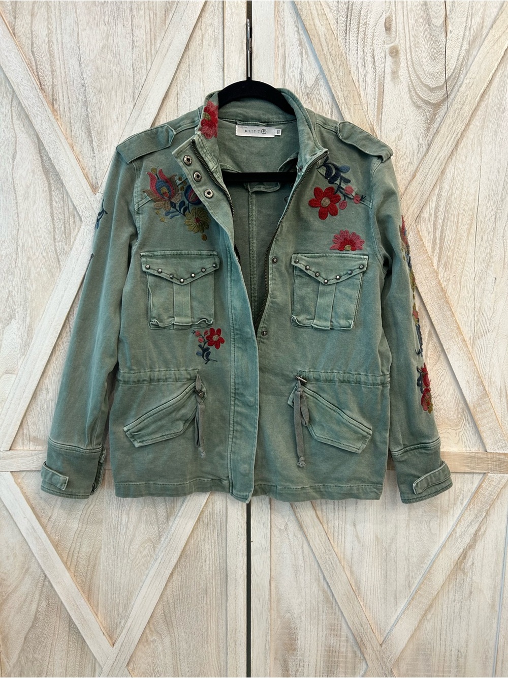 Embroidered Green Utility Jacket with Floral Detailing